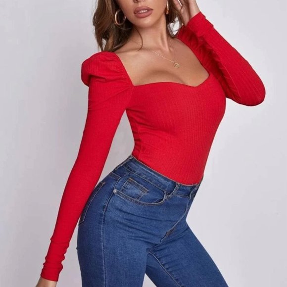 Red Square Neck Leg-of-Mutton Sleeve Top Long Sleeve Women's T-Shirt - Picture 2 of 5